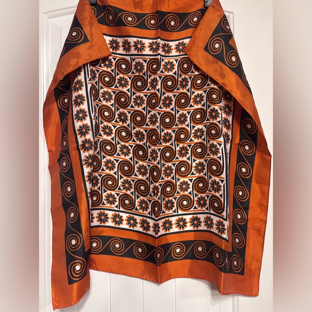Women’s Vintage Pumpkin Orange, Black and White Printed Acetate Scarf - Japan